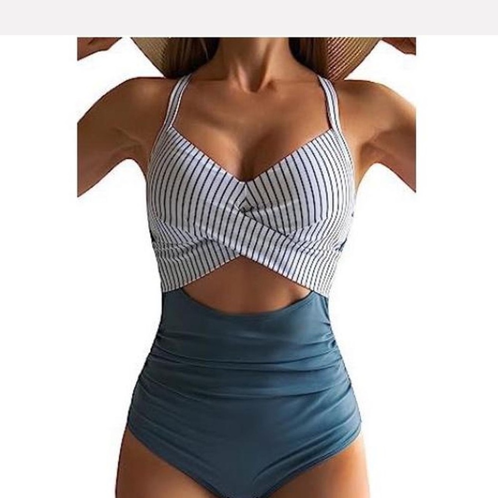 Striped Twist Bikini One-Piece in White and Slate Blue tummy control cut wrap up